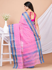 Pink & Blue Floral woven design pure cotton taant saree