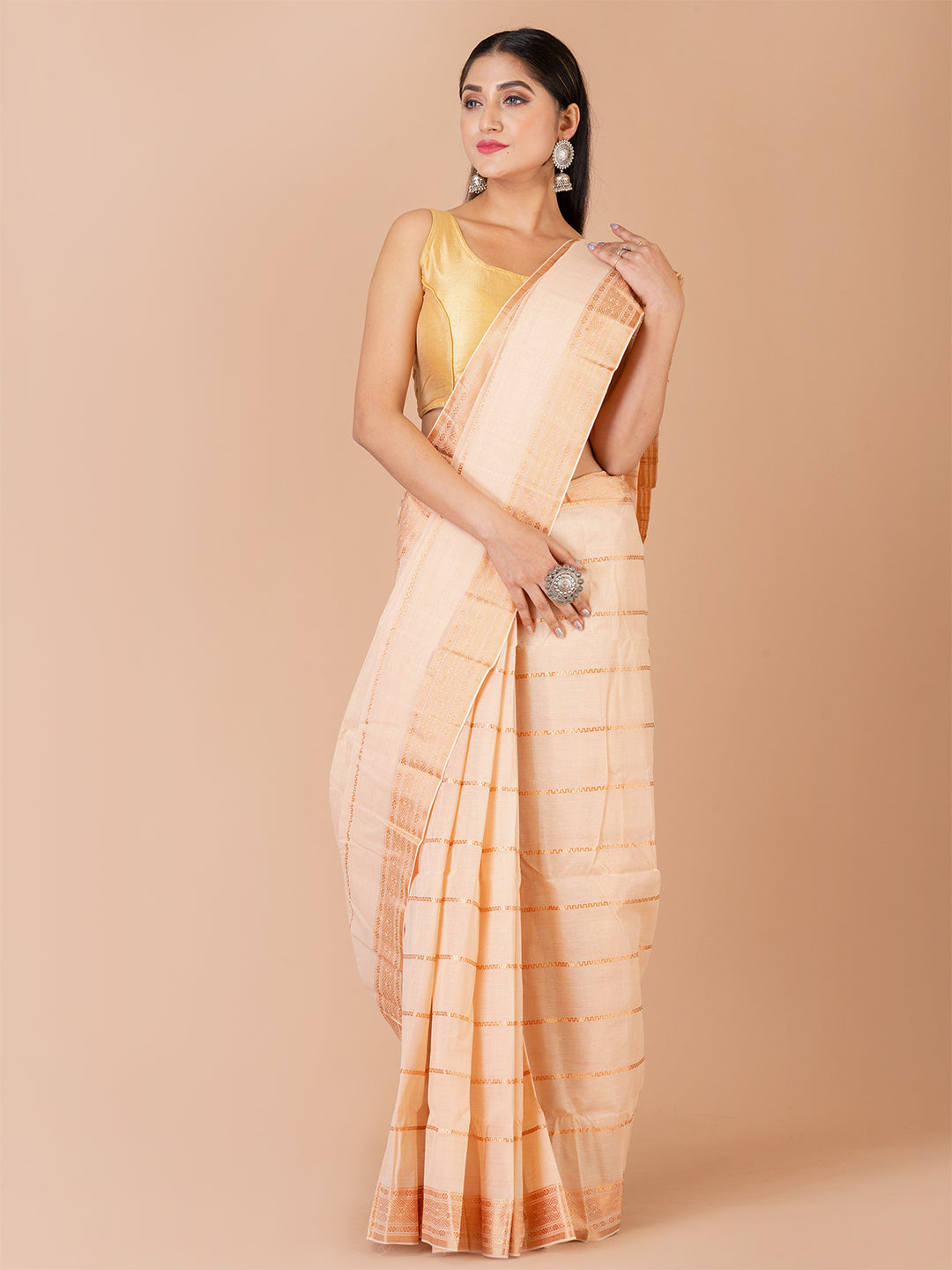 Cream & Copper pure cotton taant saree