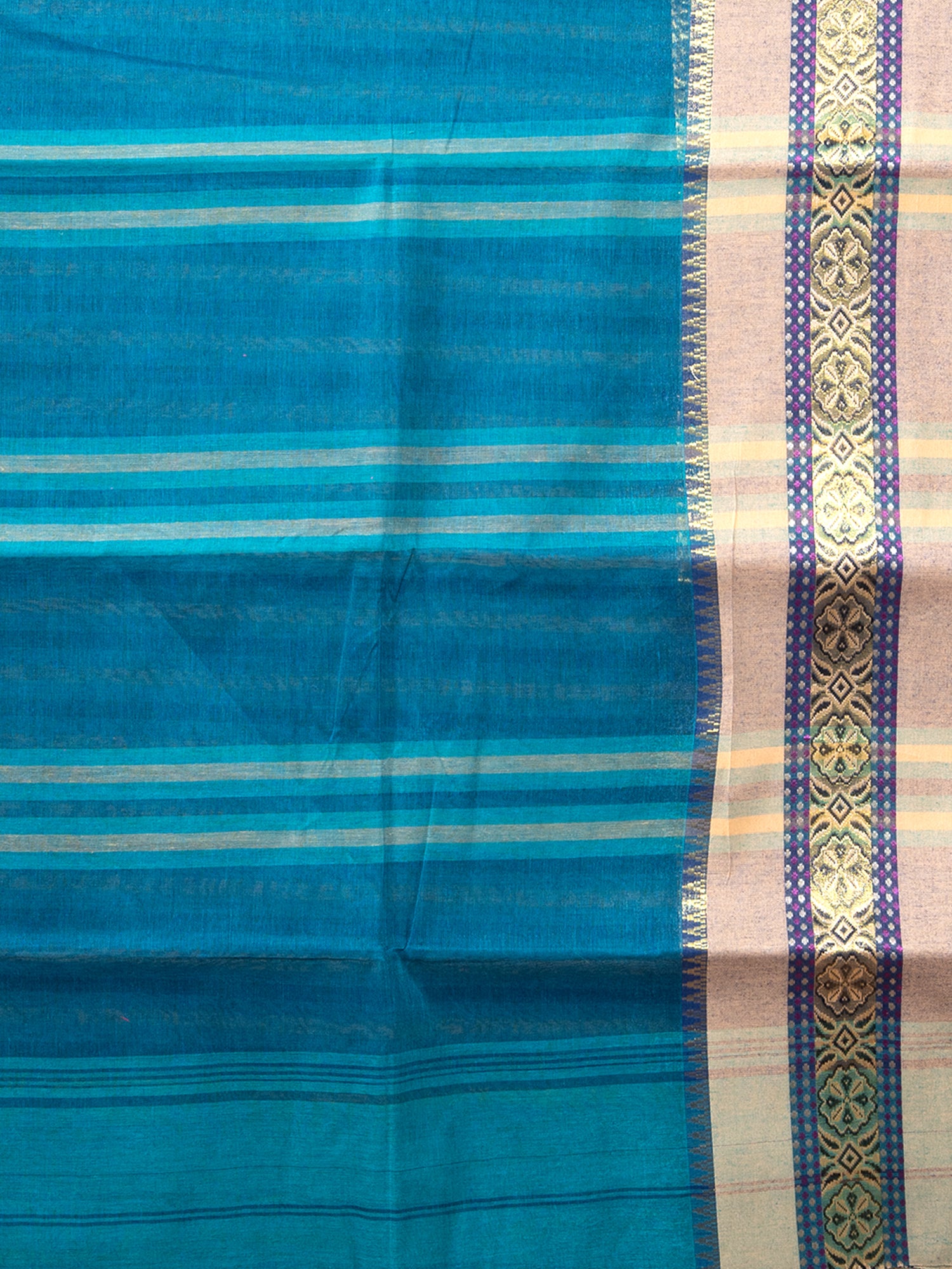 Laa Calcutta Green & Blue pure cotton stripe and checked design taant saree for women