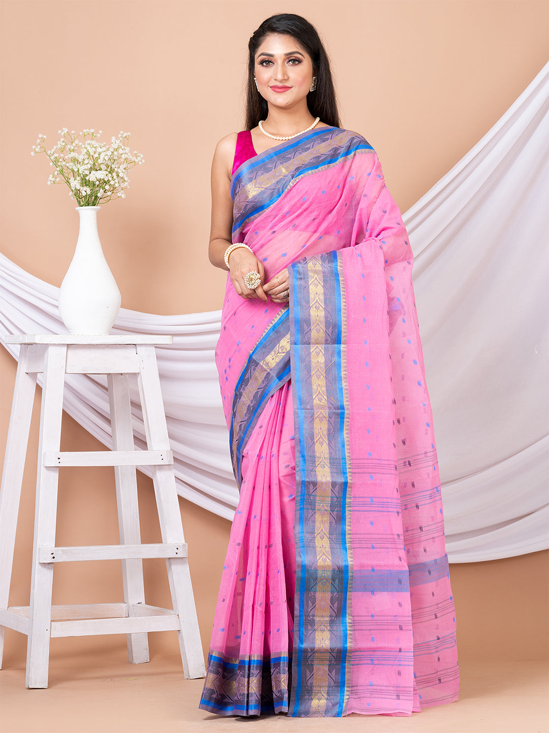 Pink & Blue Floral woven design pure cotton taant saree