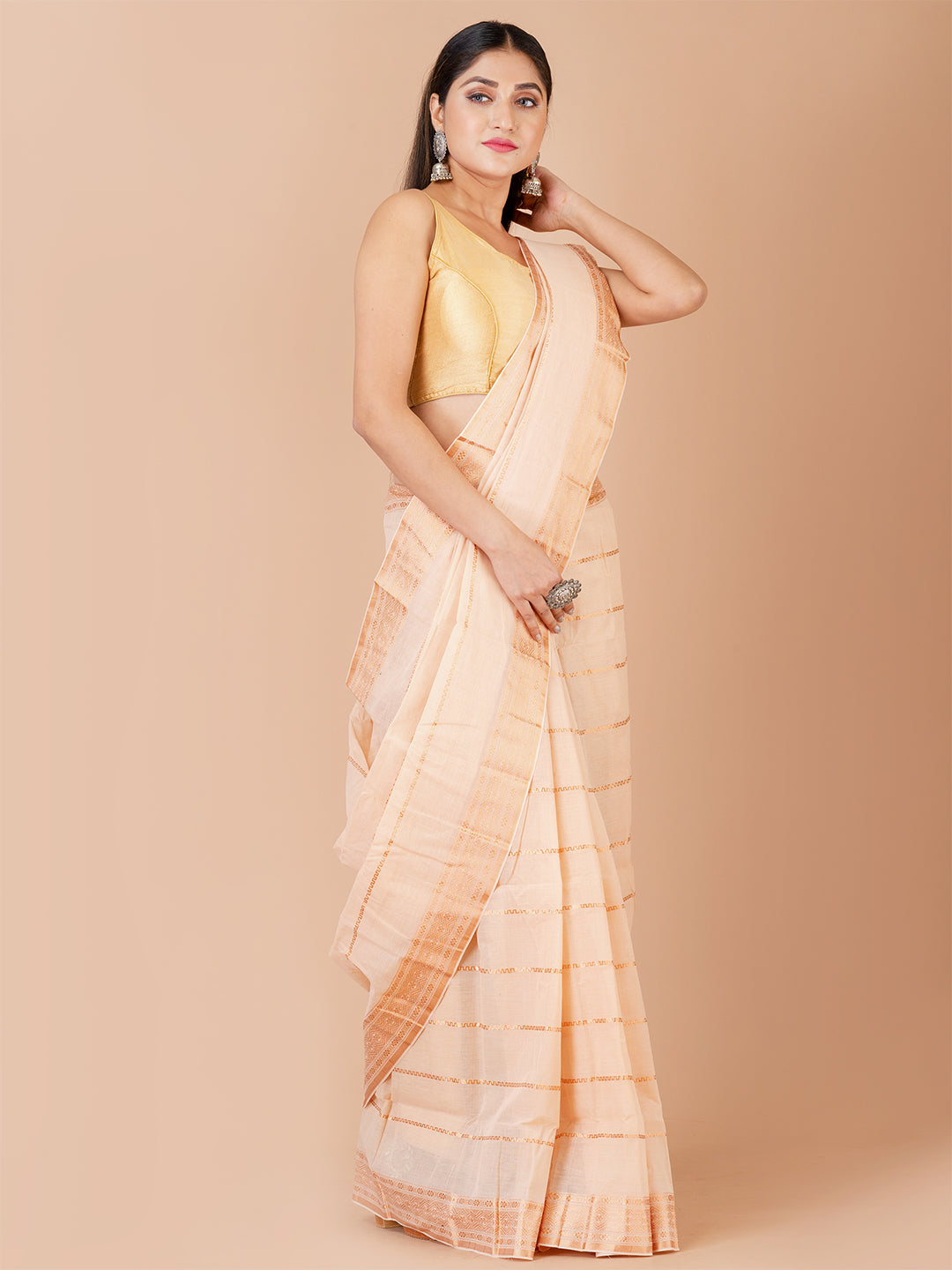 Cream & Copper pure cotton taant saree