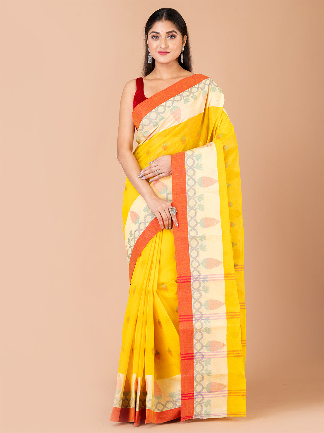 Yellow & Red pure cotton woven design taant saree