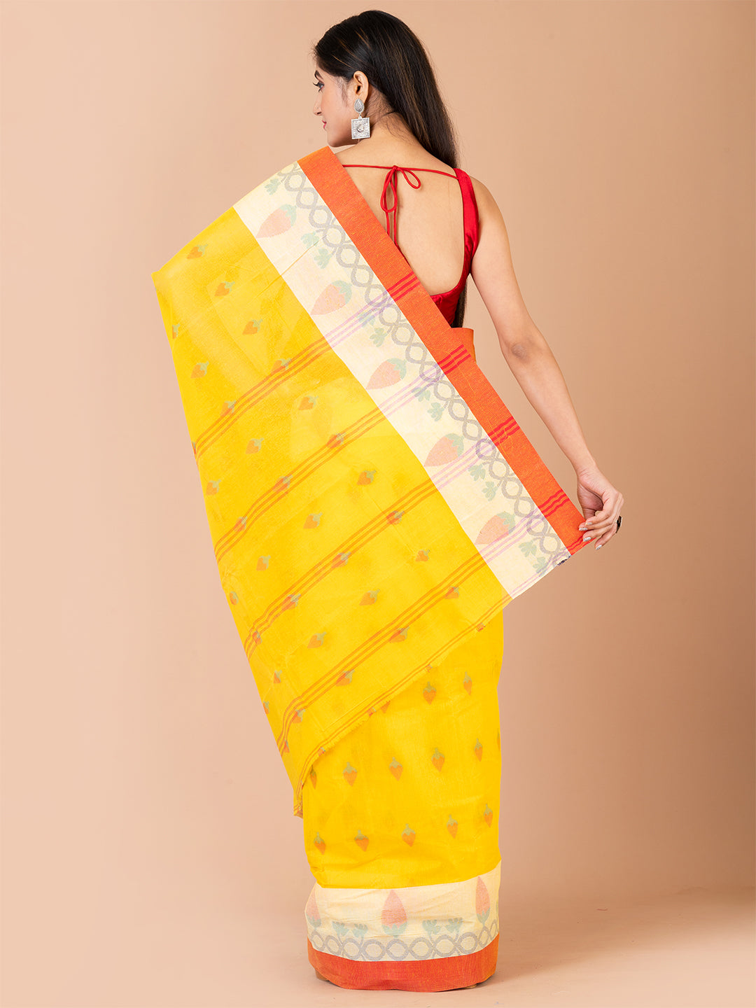 Yellow & Red pure cotton woven design taant saree