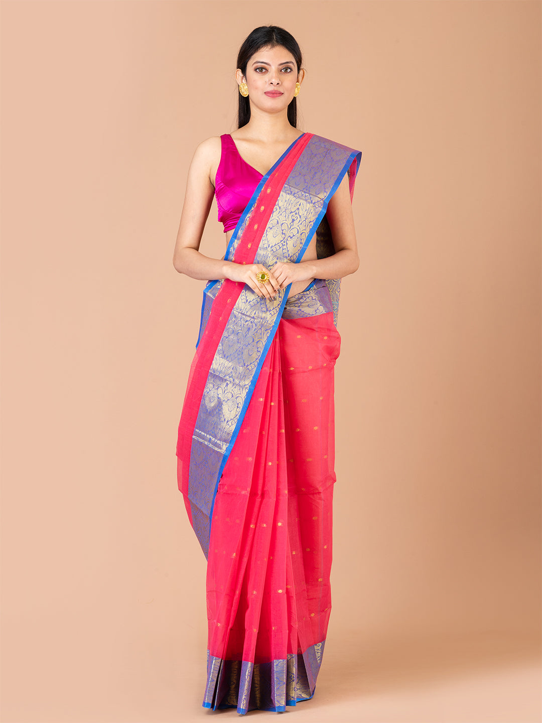 Pink & Blue pure cotton woven design taant saree