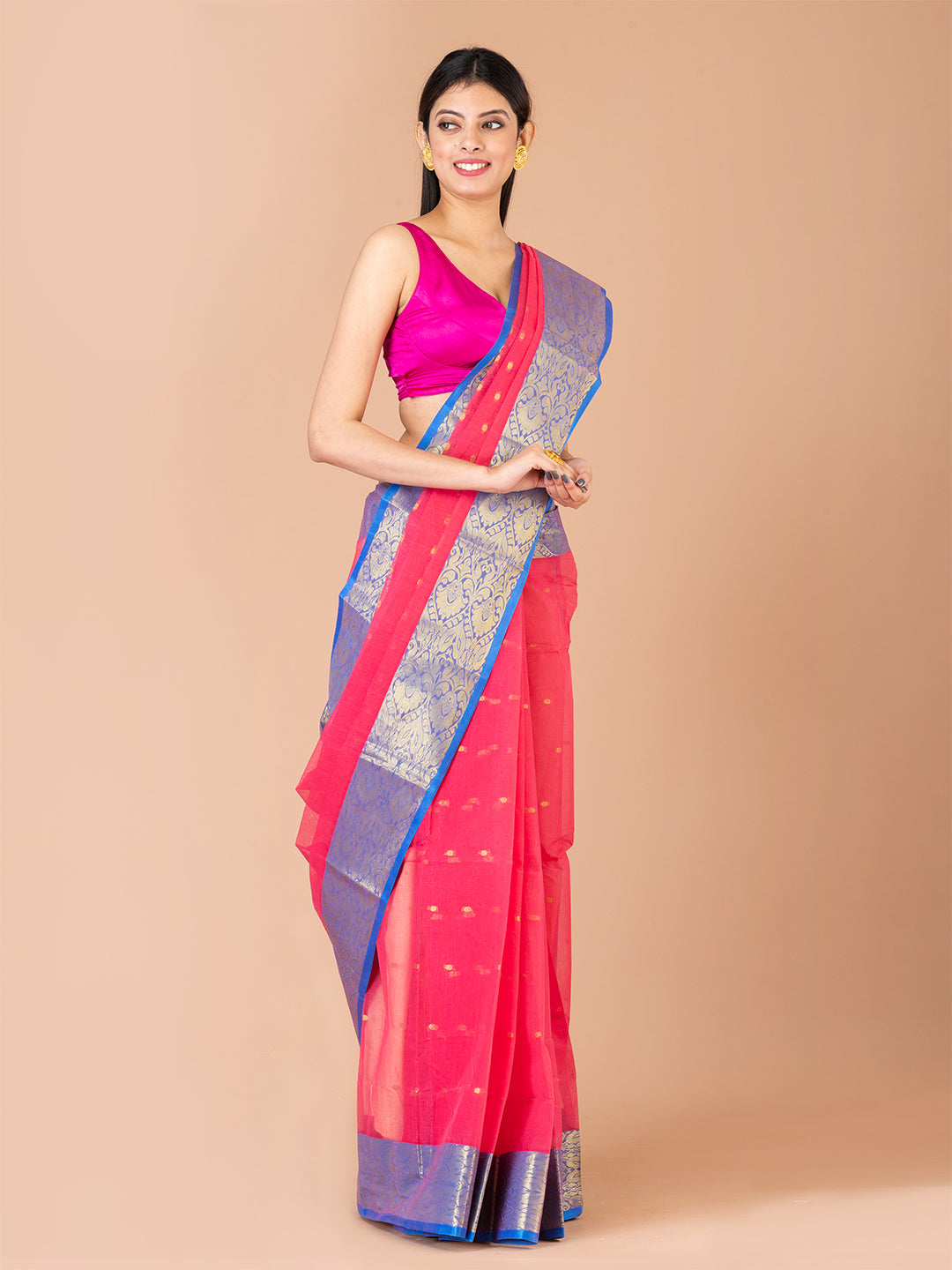 Pink & Blue pure cotton woven design taant saree