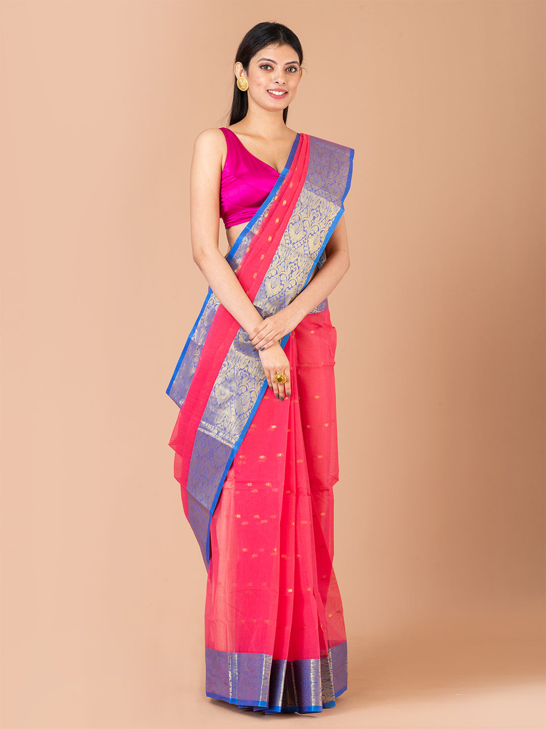 Pink & Blue pure cotton woven design taant saree