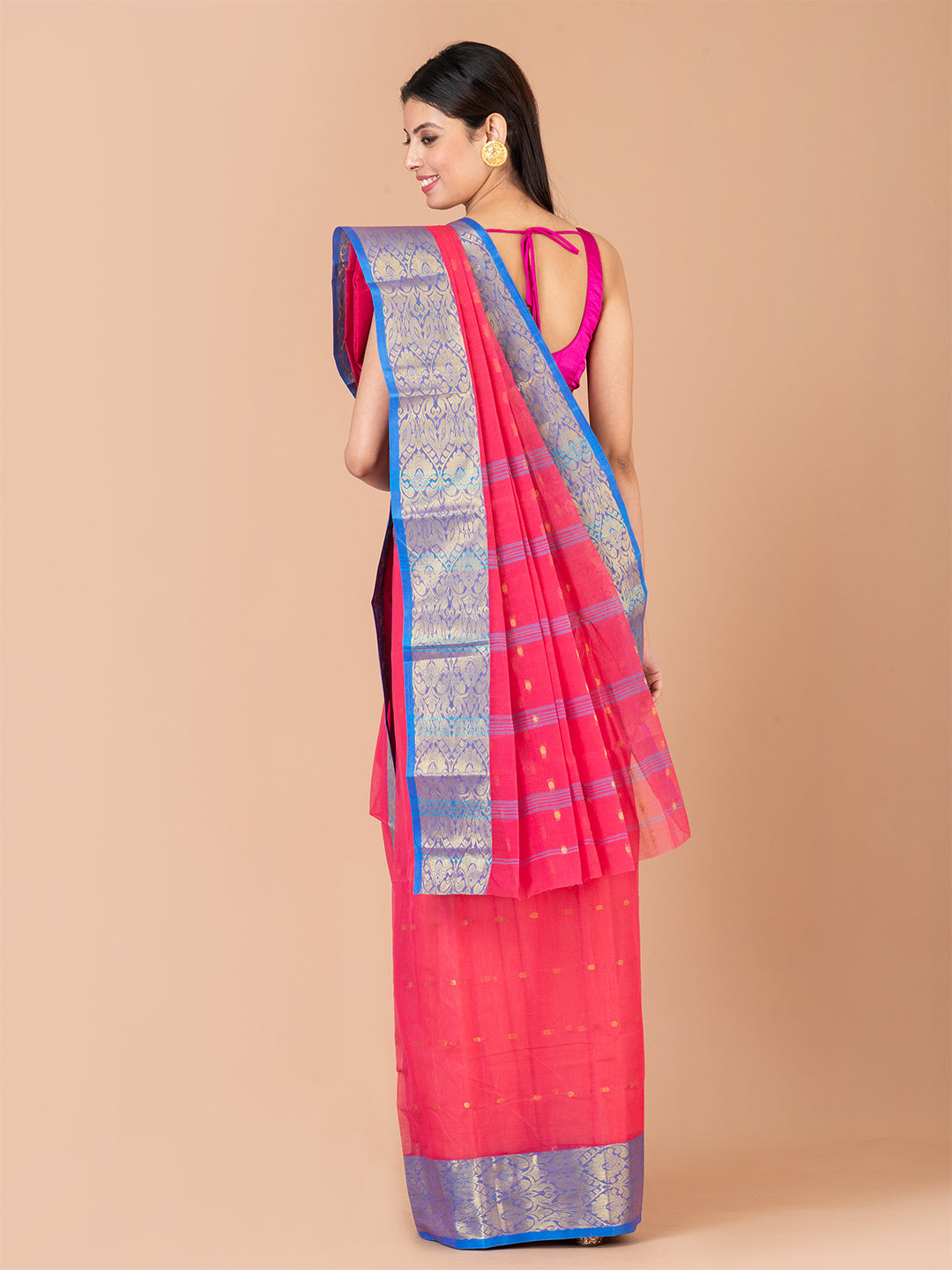 Pink & Blue pure cotton woven design taant saree