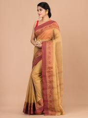 Beige & Maroon pure cotton woven design taant saree