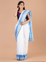 White & Blue pure cotton woven design taant saree