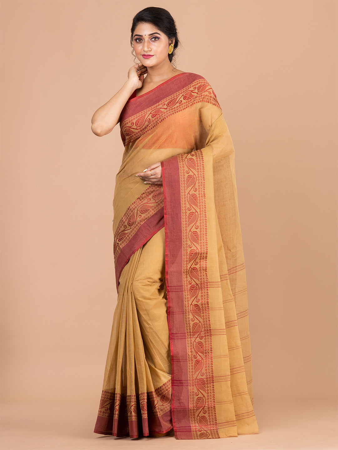 Beige & Maroon pure cotton woven design taant saree