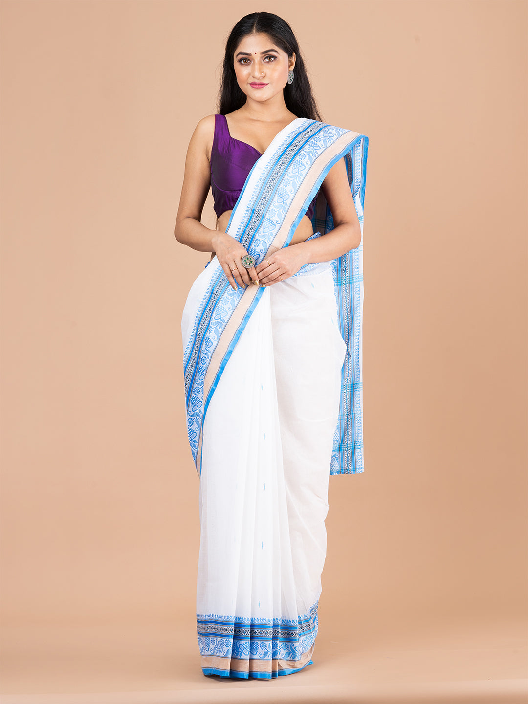 White & Blue pure cotton woven design taant saree