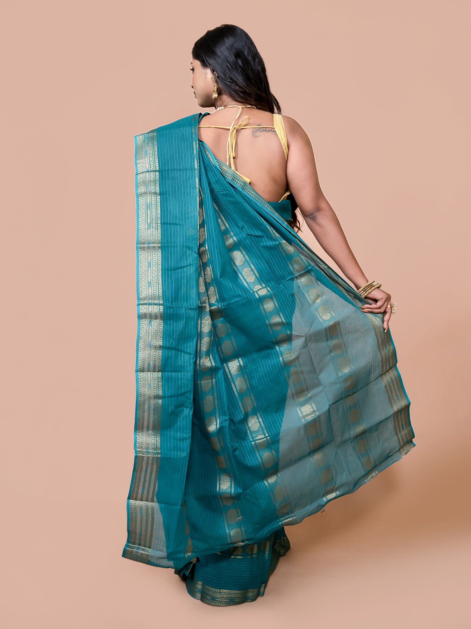 Laa Calcutta Green & Gold pure cotton taant saree for women