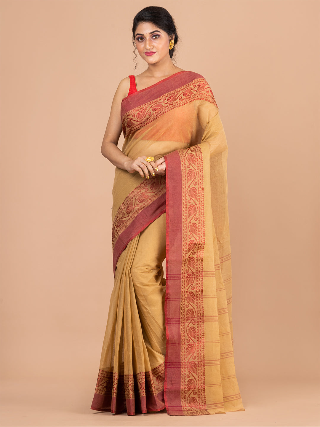 Beige & Maroon pure cotton woven design taant saree