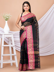 Black & Pink Woven Design pure cotton taant saree