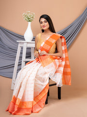 Laa Calcutta White & Orange pure cotton Taant saree