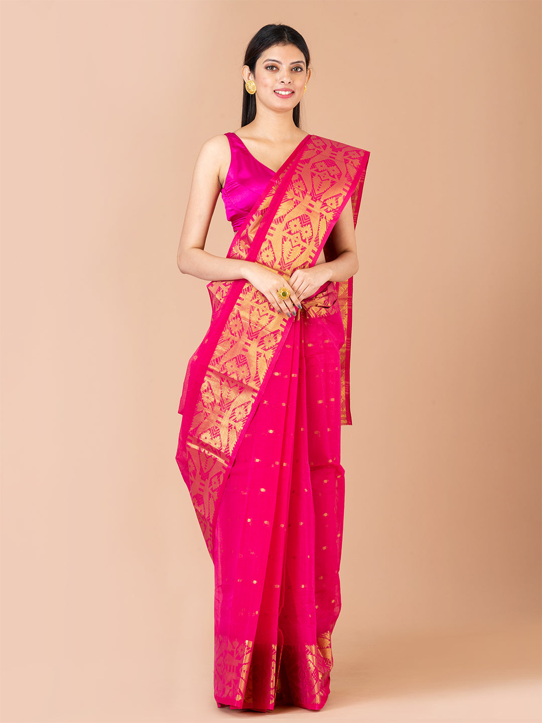 Pink & Golden pure cotton woven design taant saree