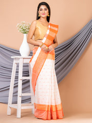 Laa Calcutta White & Orange pure cotton Taant saree