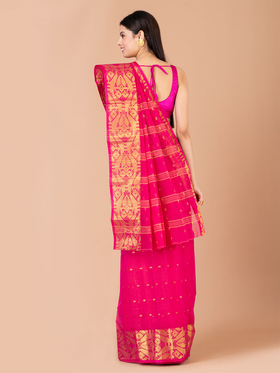 Pink & Golden pure cotton woven design taant saree