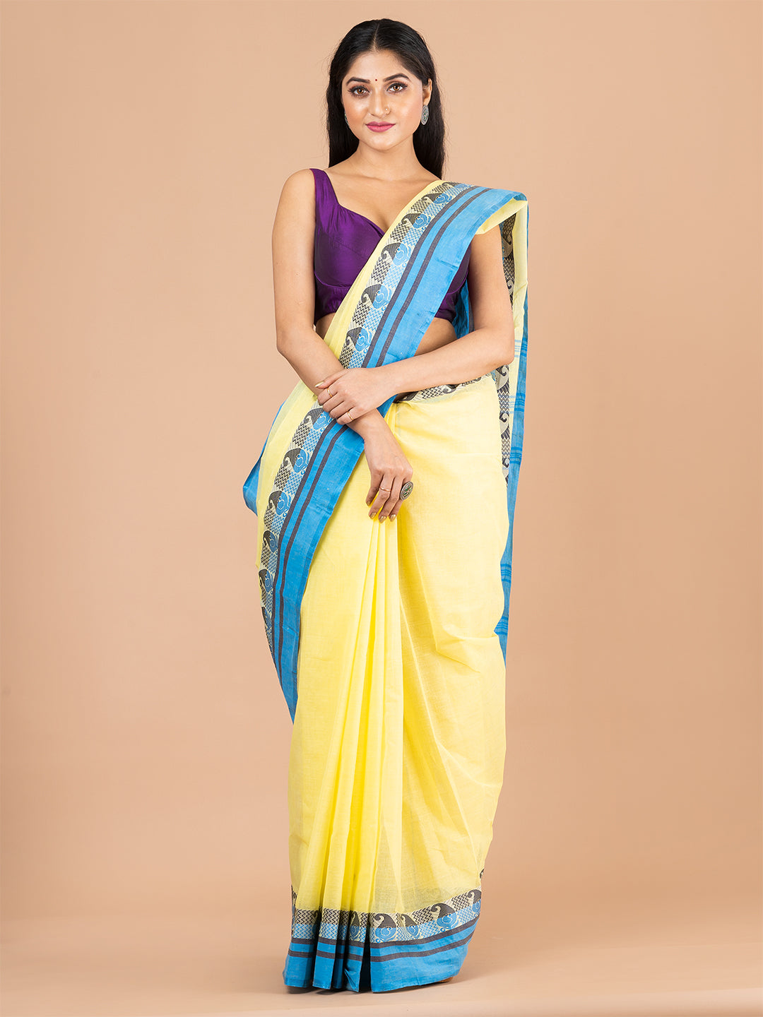 Yellow & Blue pure cotton woven design taant saree