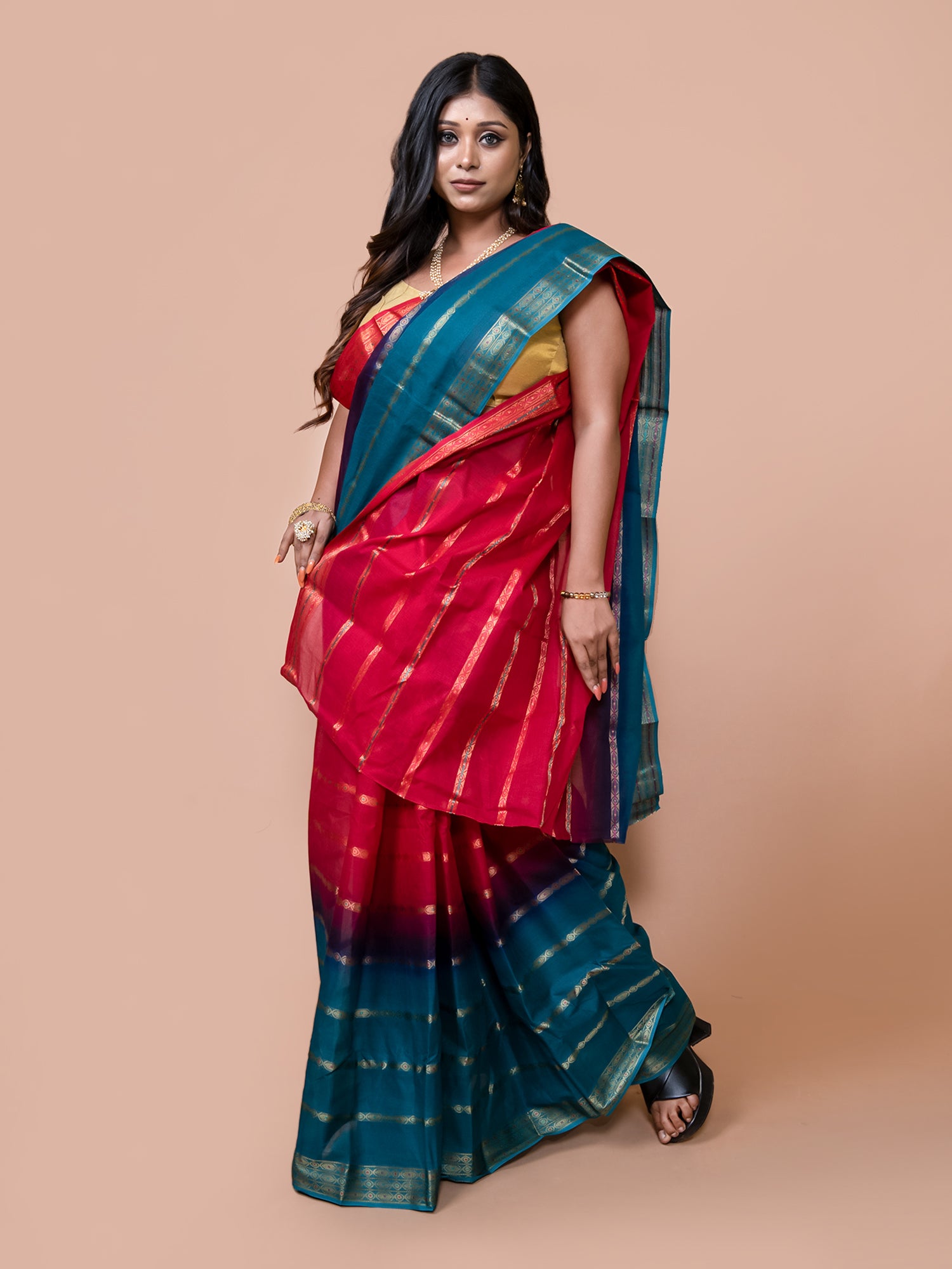 Laa Calcutta Pink & Green pure cotton taant saree for women