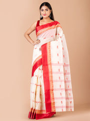 White & Red pure cotton taant saree