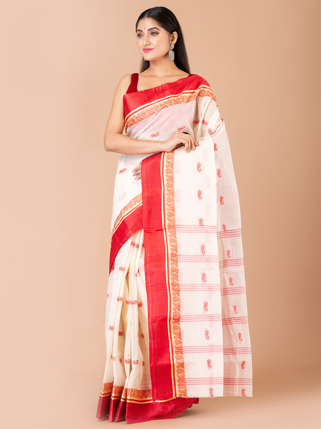 White & Red pure cotton taant saree