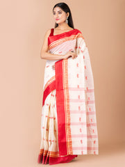 White & Red pure cotton taant saree