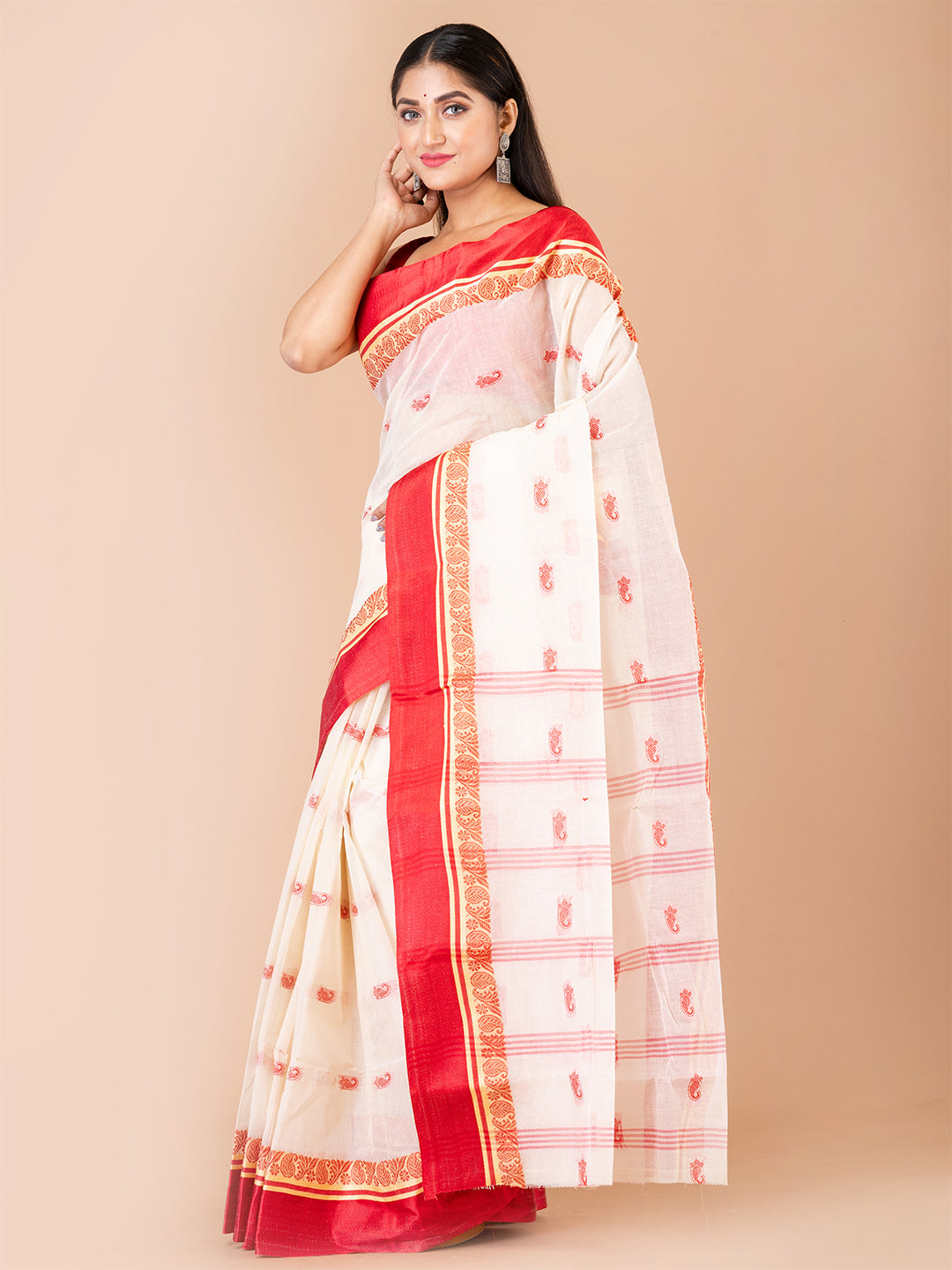 White & Red pure cotton taant saree