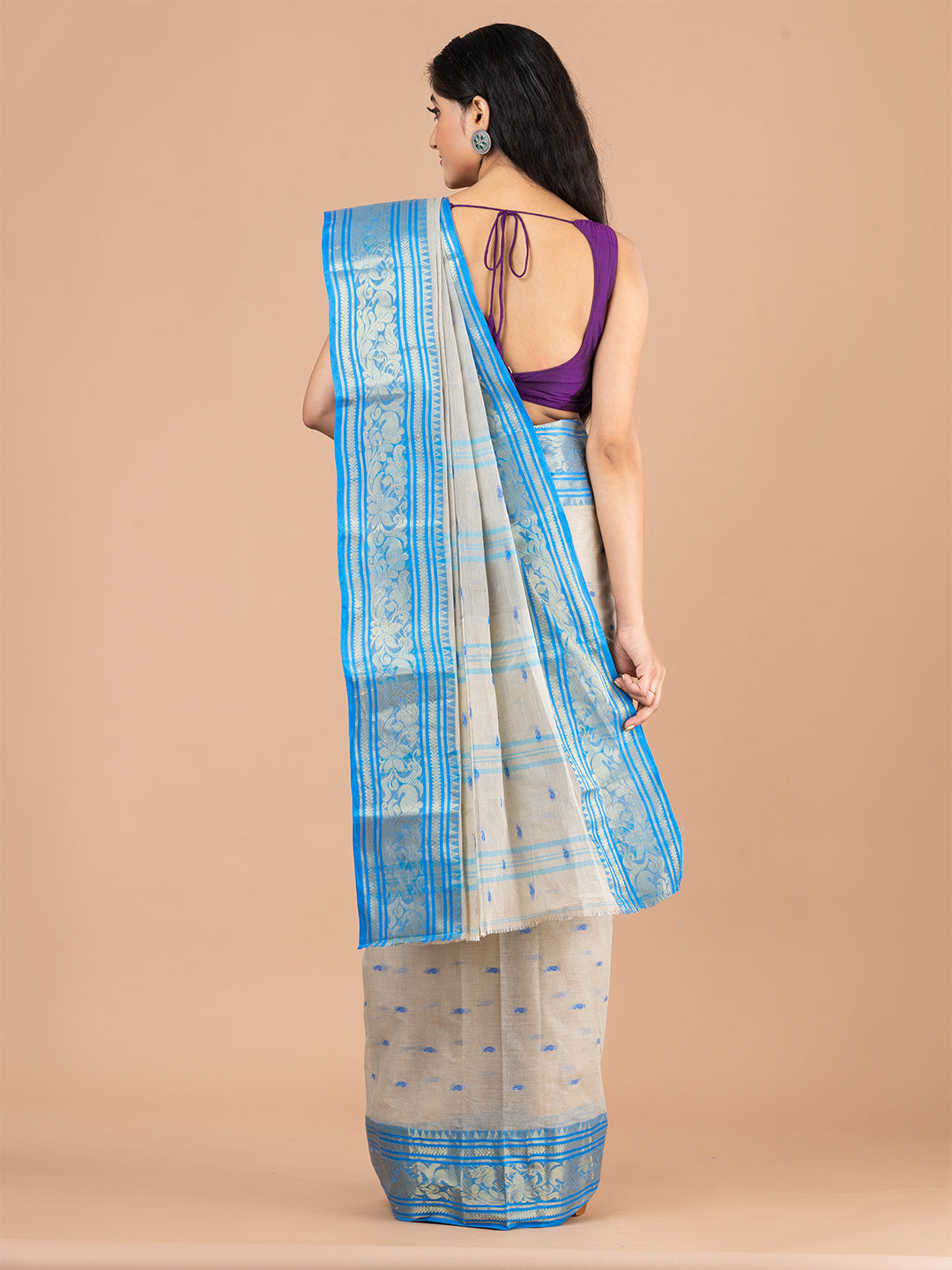 Beige & Blue pure cotton woven design taant saree