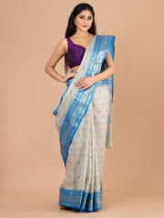 Beige & Blue pure cotton woven design taant saree