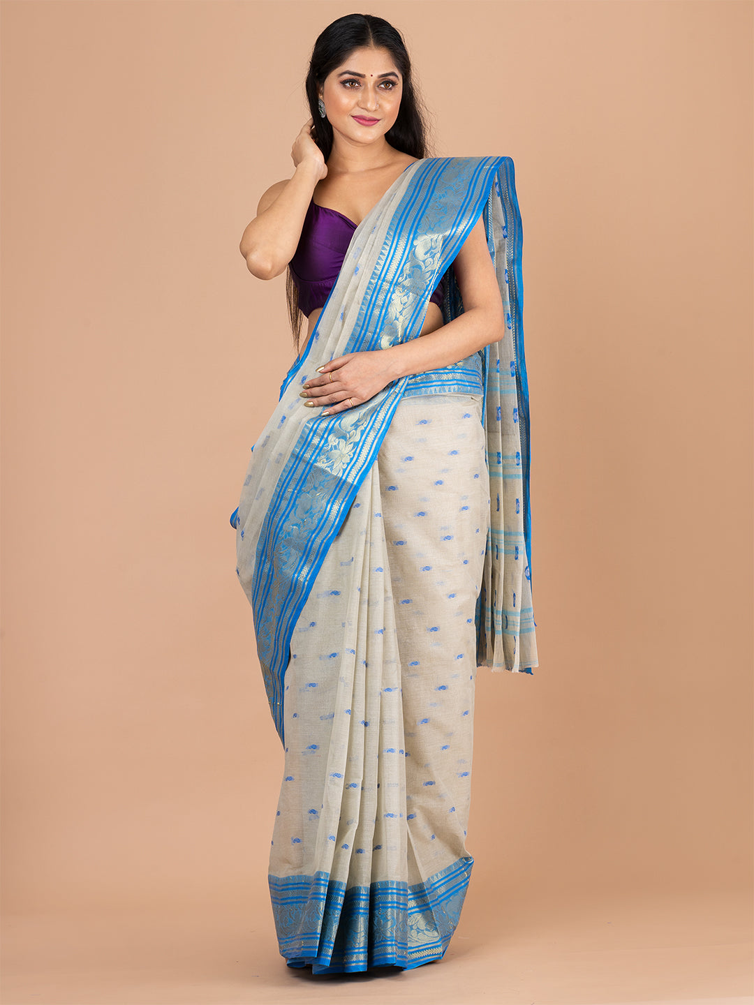 Beige & Blue pure cotton woven design taant saree