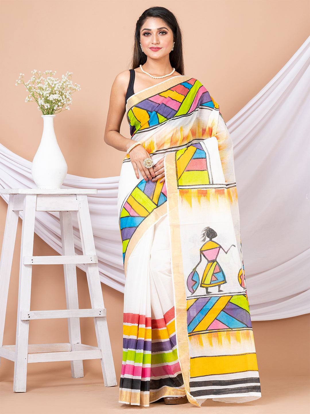 White & Multi Hand painted Kerala cotton saree