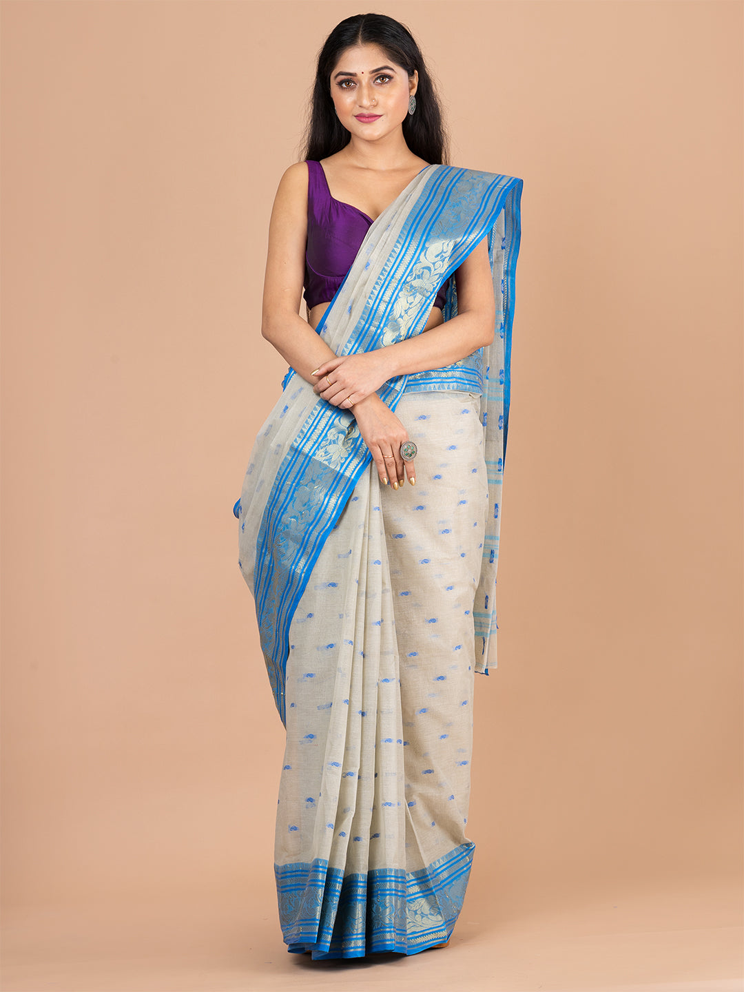 Beige & Blue pure cotton woven design taant saree