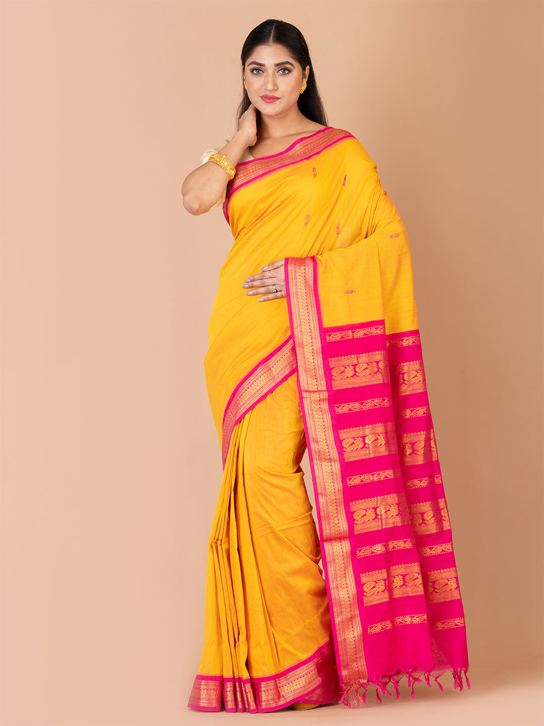 Yellow & Pink Silk Gadwal Saree