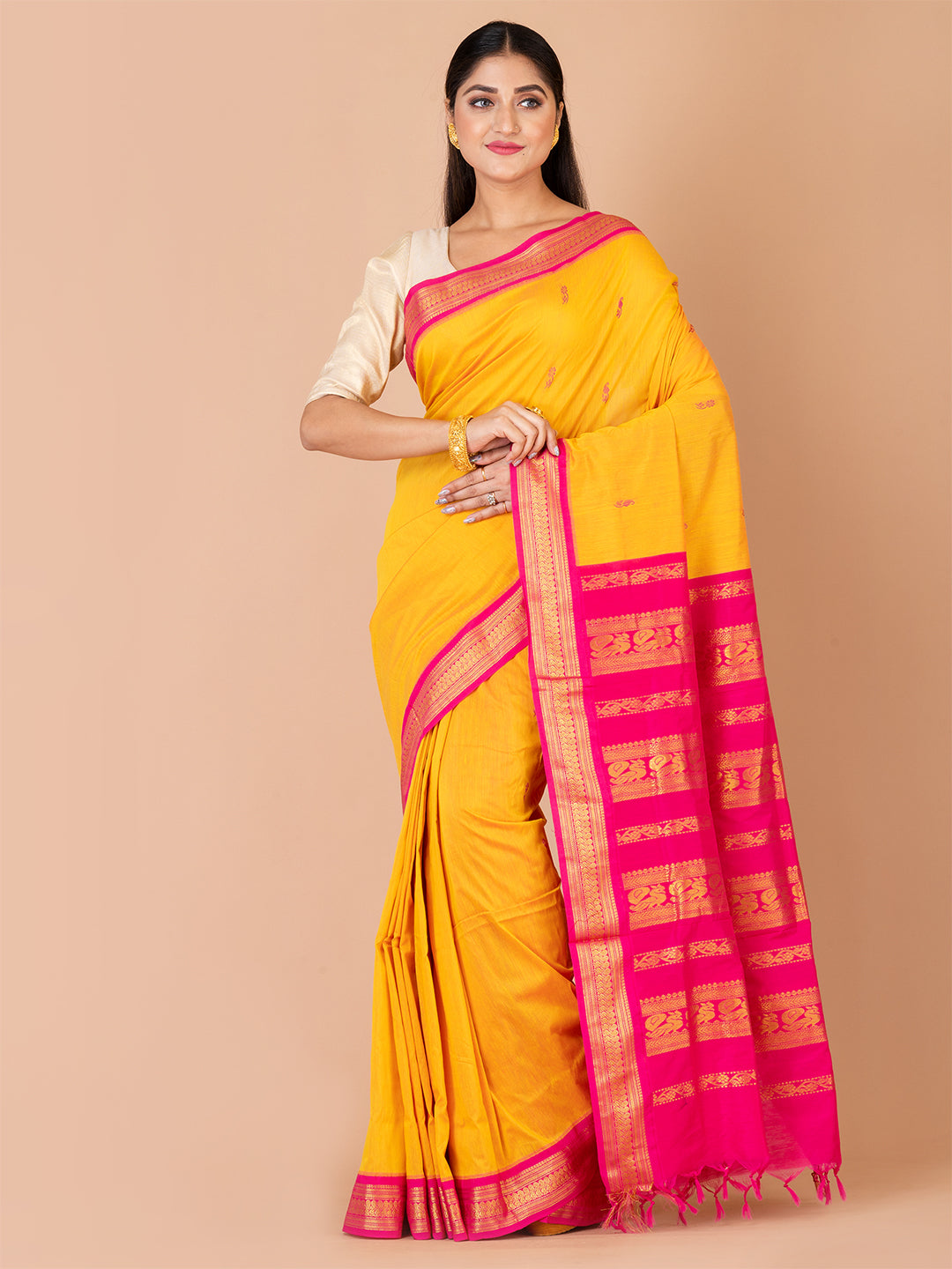 Yellow & Pink Silk Gadwal Saree