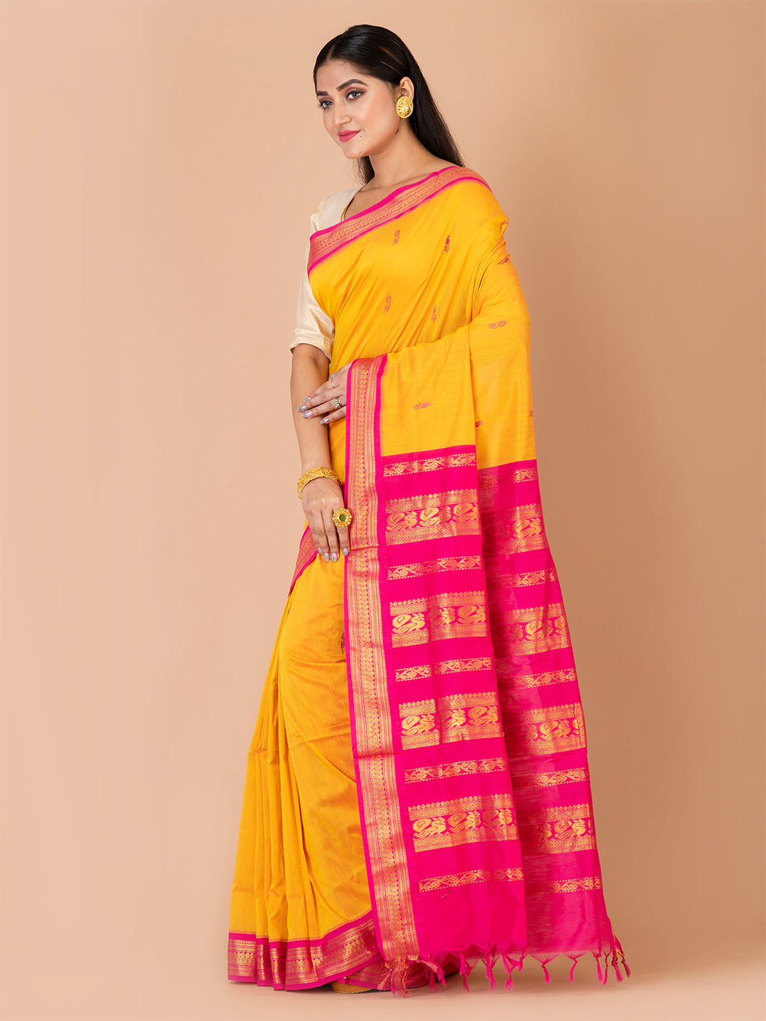 Yellow & Pink Silk Gadwal Saree