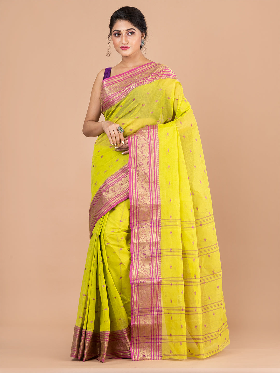 Green & Purple pure cotton woven design taant saree