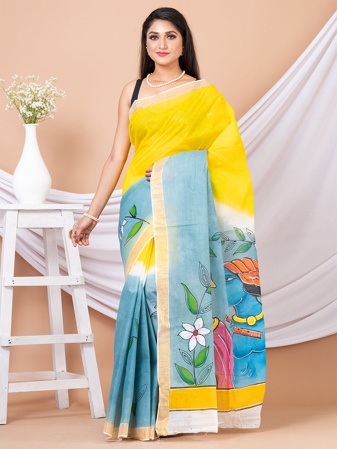 Yellow & Grey Hand painted Kerala cotton saree