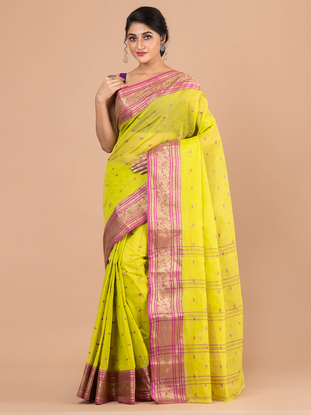 Green & Purple pure cotton woven design taant saree