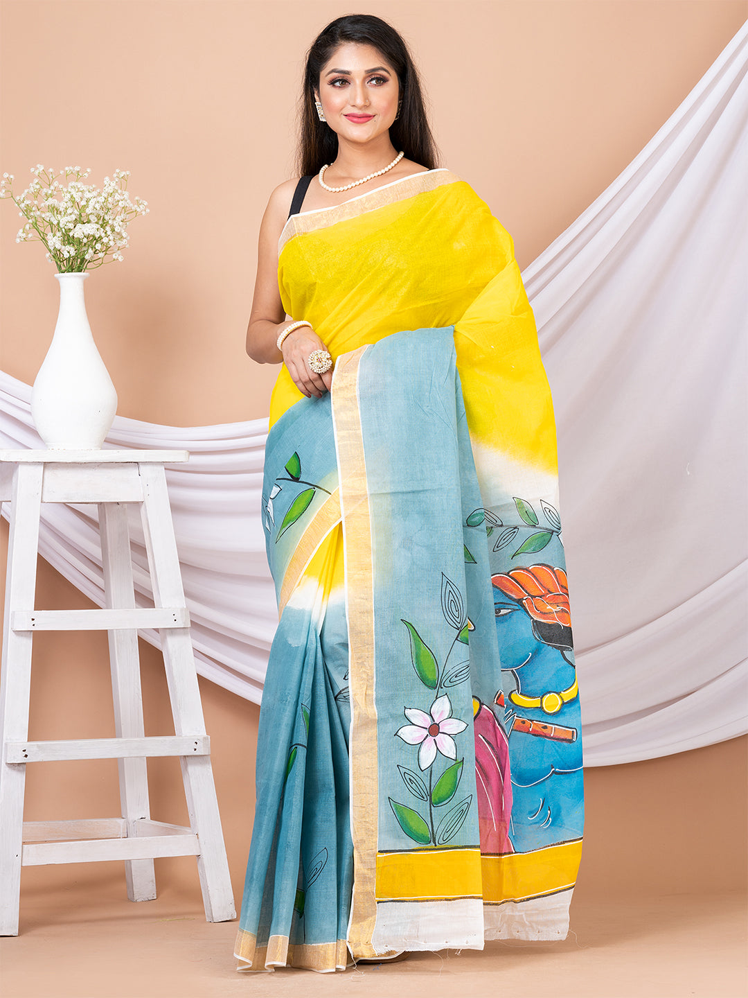 Yellow & Grey Hand painted Kerala cotton saree