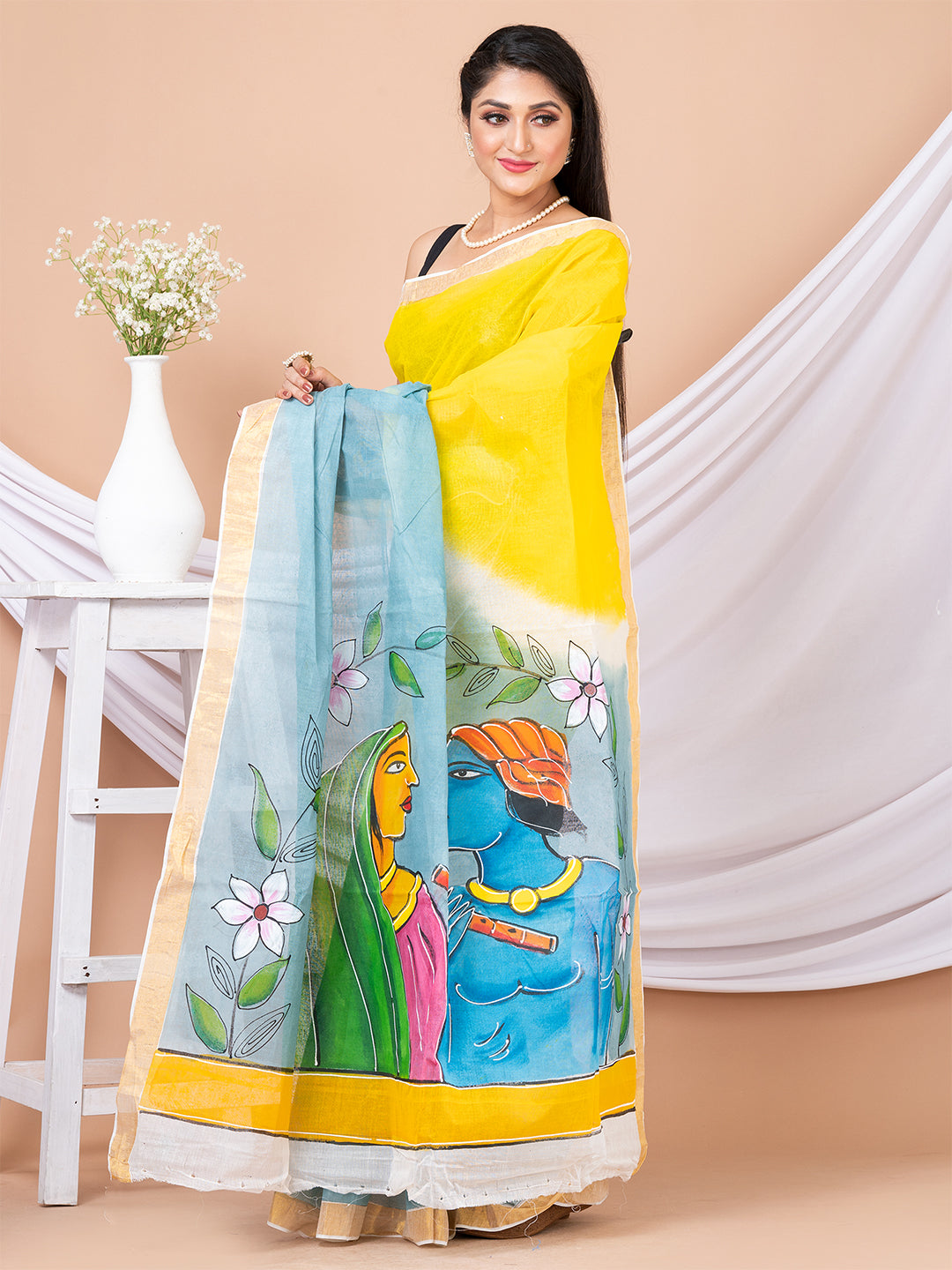 Yellow & Grey Hand painted Kerala cotton saree