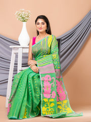 Laa Calcutta Green & Multi pure cotton jamdani saree