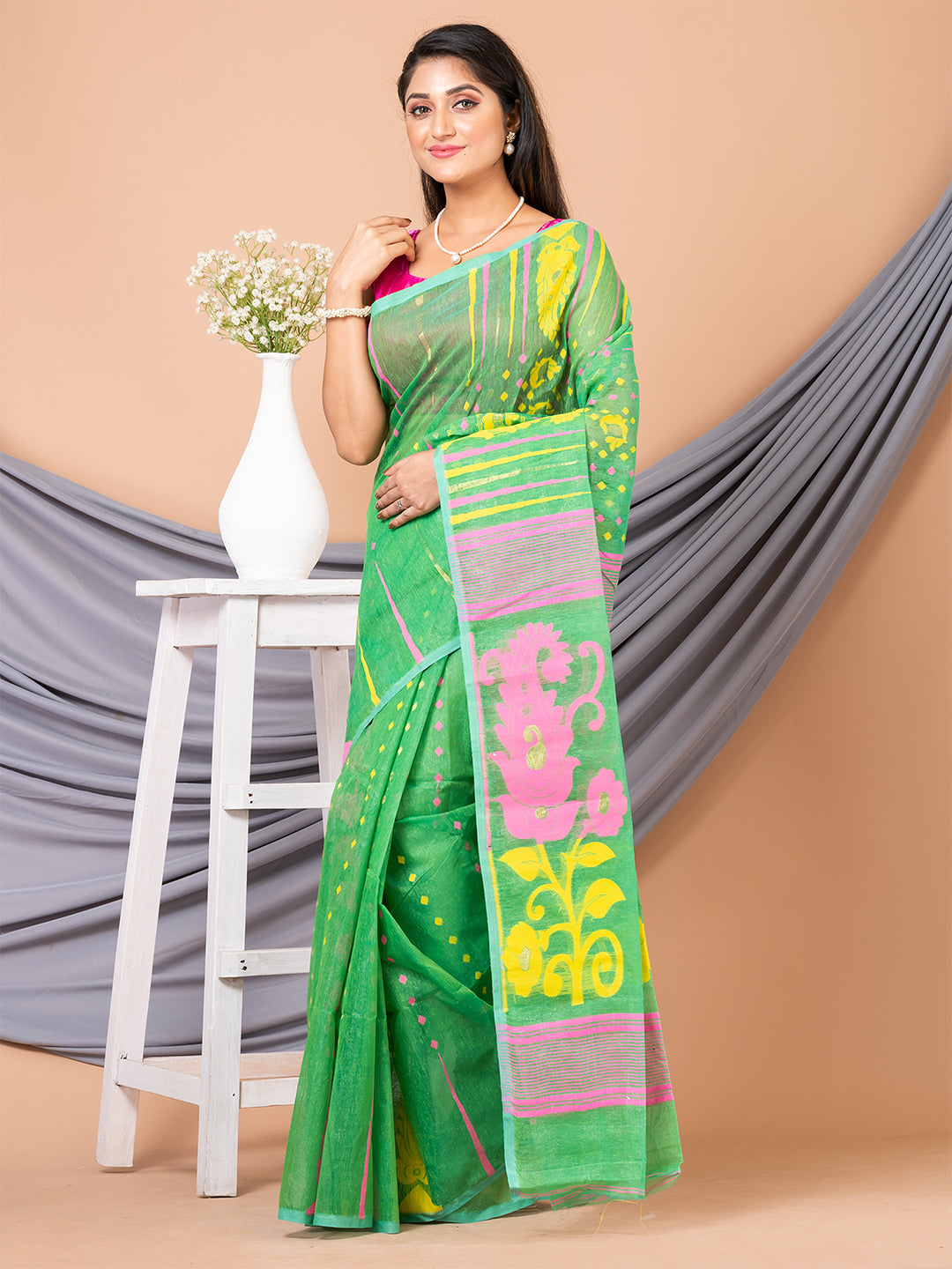 Laa Calcutta Green & Multi pure cotton jamdani saree