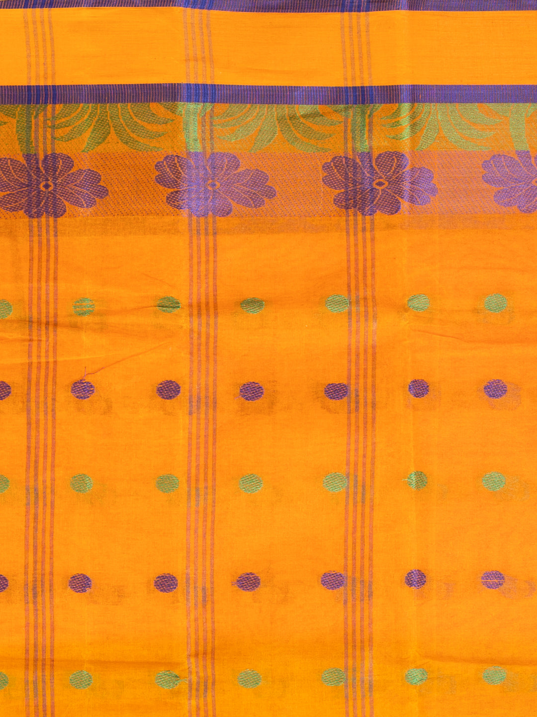 Mustard Yellow & Blue pure cotton Floral Design taant saree