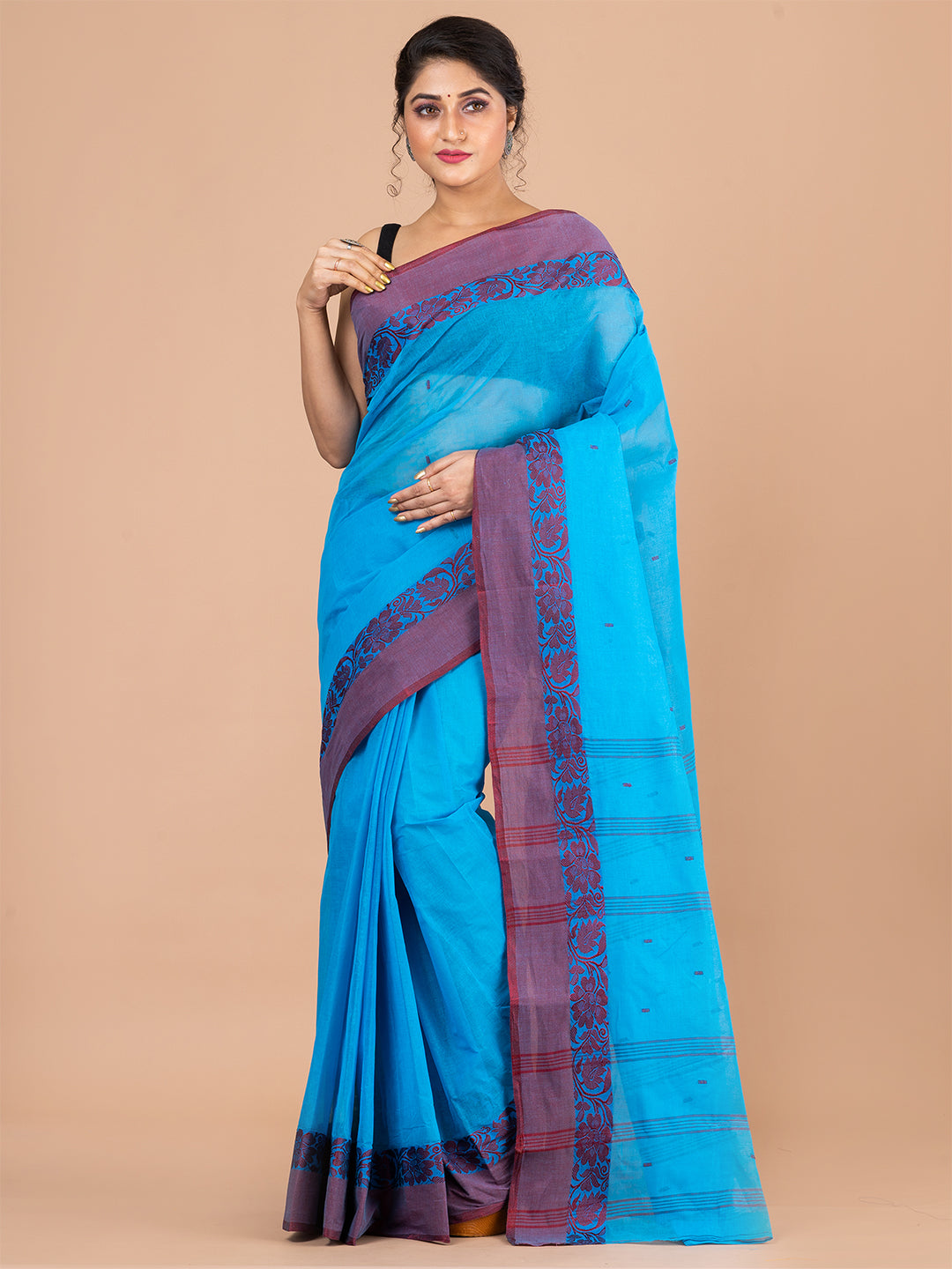 Royal Blue & Maroon pure cotton woven design taant saree