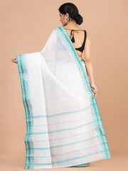 White & Sea Green pure cotton woven design taant saree