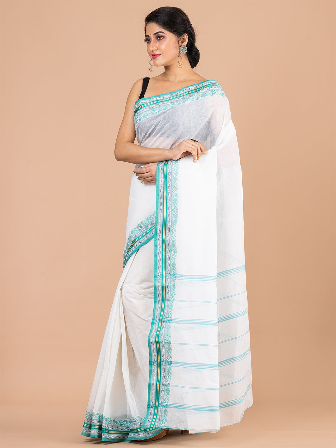 White & Sea Green pure cotton woven design taant saree