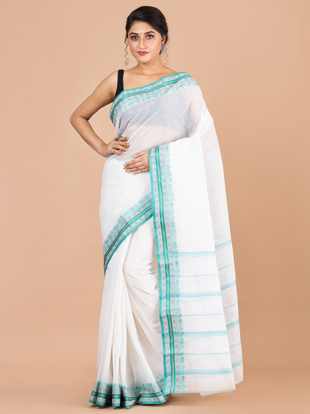 White & Sea Green pure cotton woven design taant saree