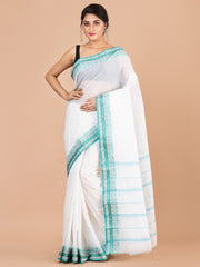 White & Sea Green pure cotton woven design taant saree