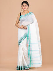 White & Sea Green pure cotton woven design taant saree